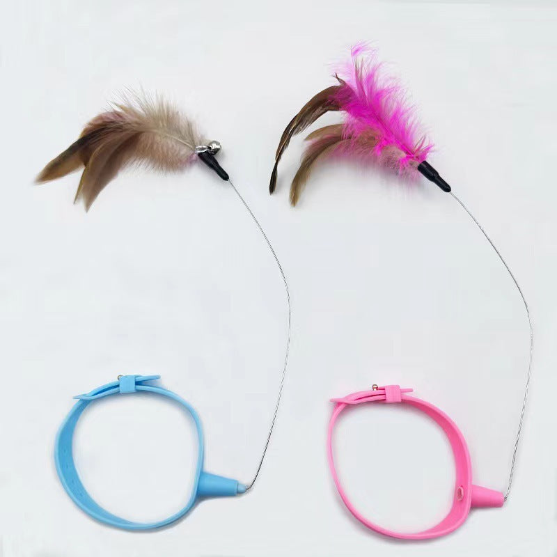 Adjustable Pet Teasing Wand Collar Toy With Bell And Feather