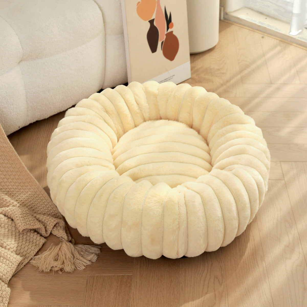 Round Plush Pet Bed Thick Warm Long Hair Cushion