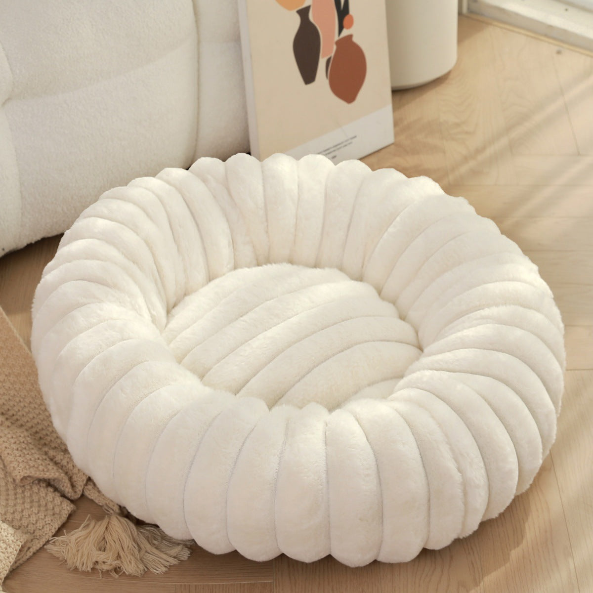 Round Plush Pet Bed Thick Warm Long Hair Cushion