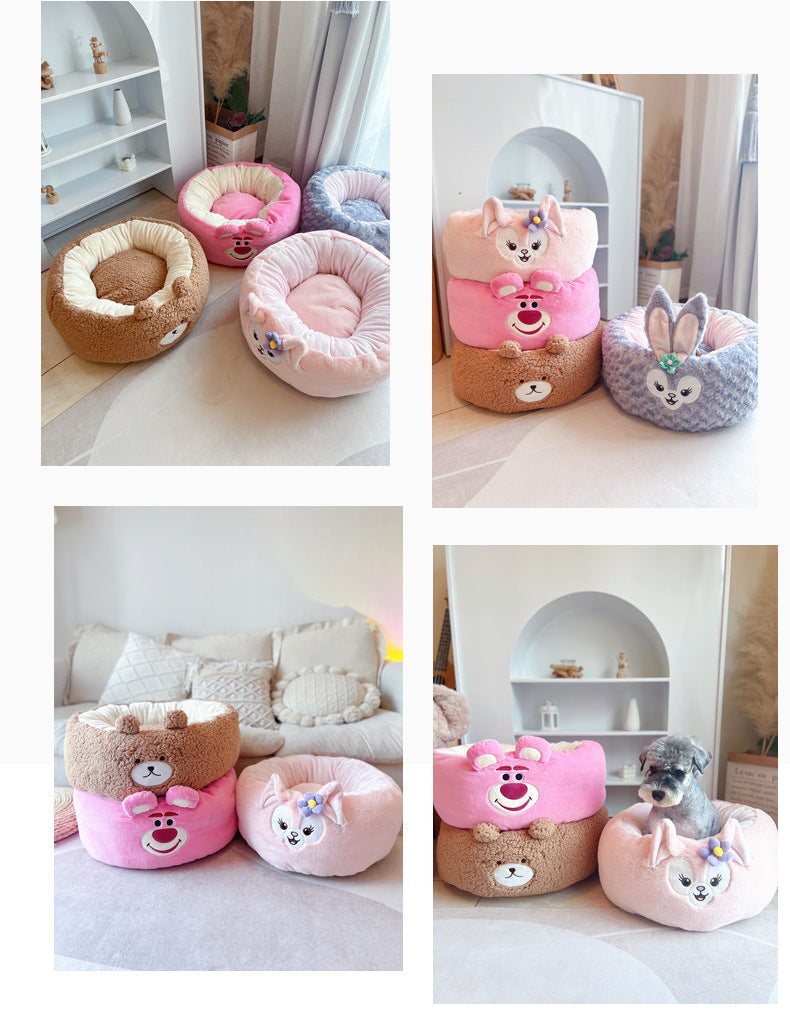 Cartoon Plush Pet Bed Round Warm Four Season Cushion