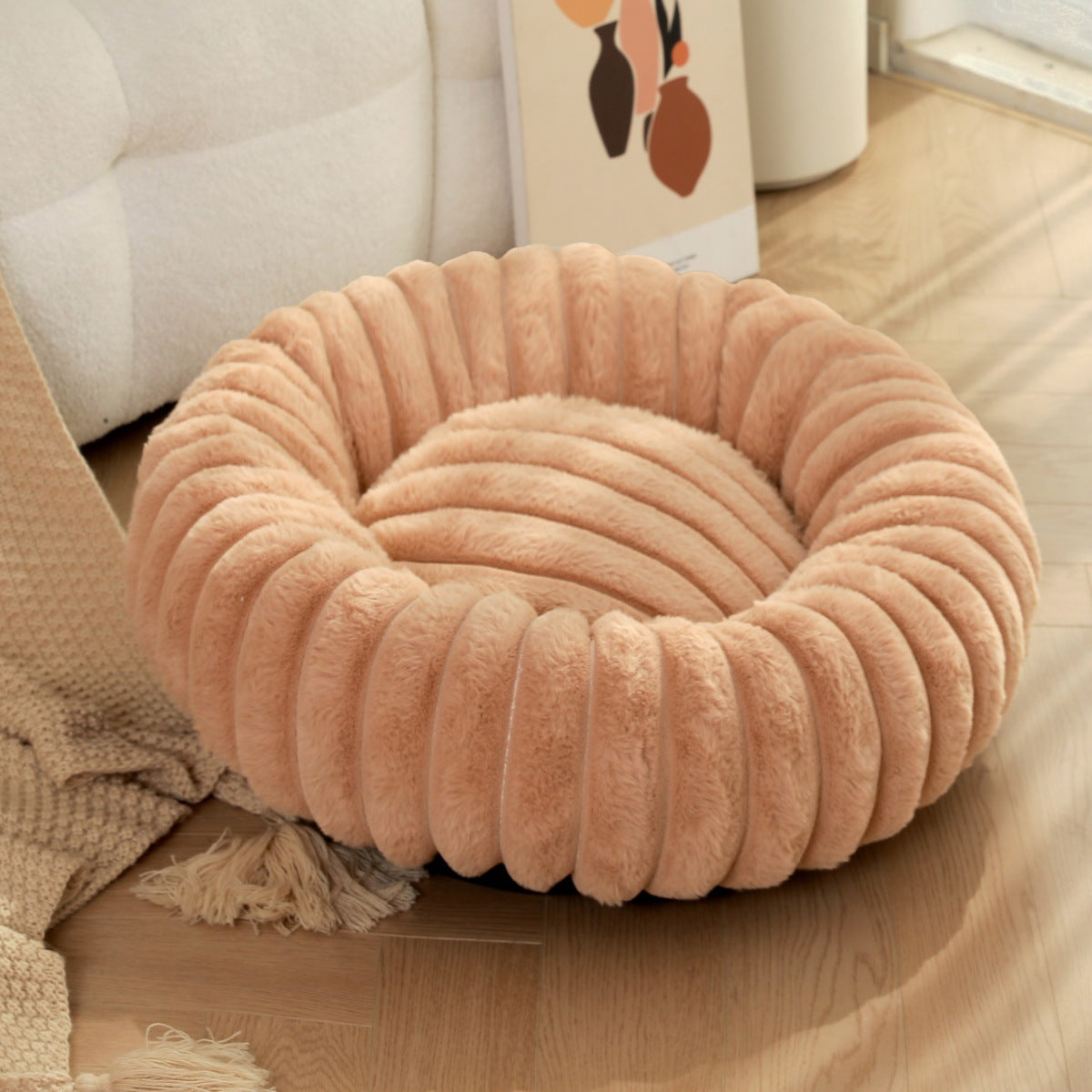 Round Plush Pet Bed Thick Warm Long Hair Cushion