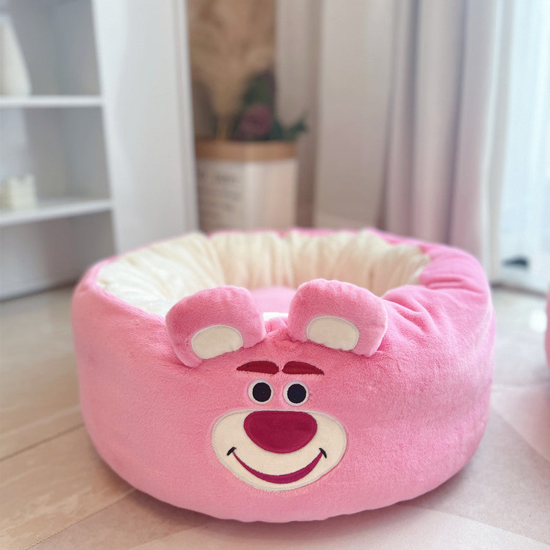 Cartoon Plush Pet Bed Round Warm Four Season Cushion