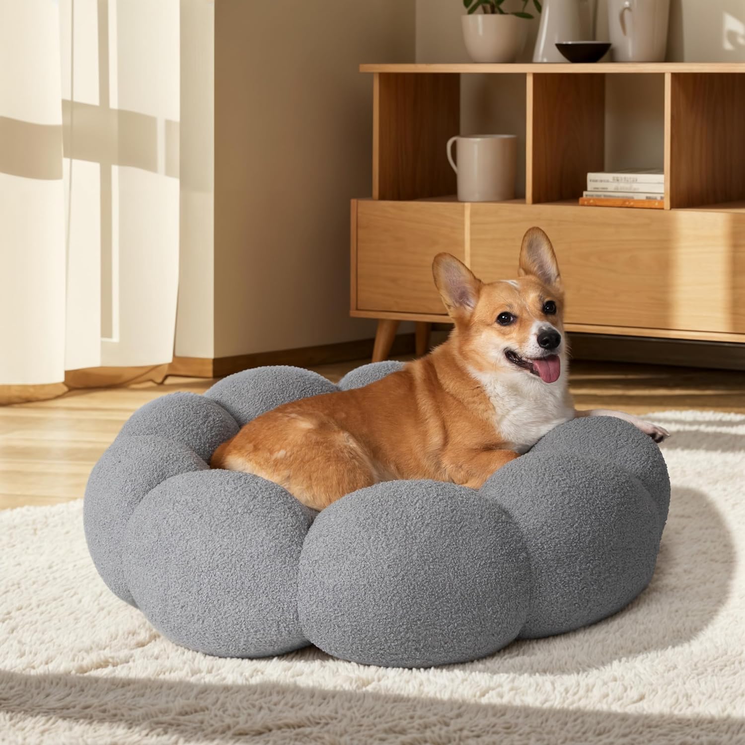 Fluffy Flower Pet Bed Plush Round Donut Cuddler Washable