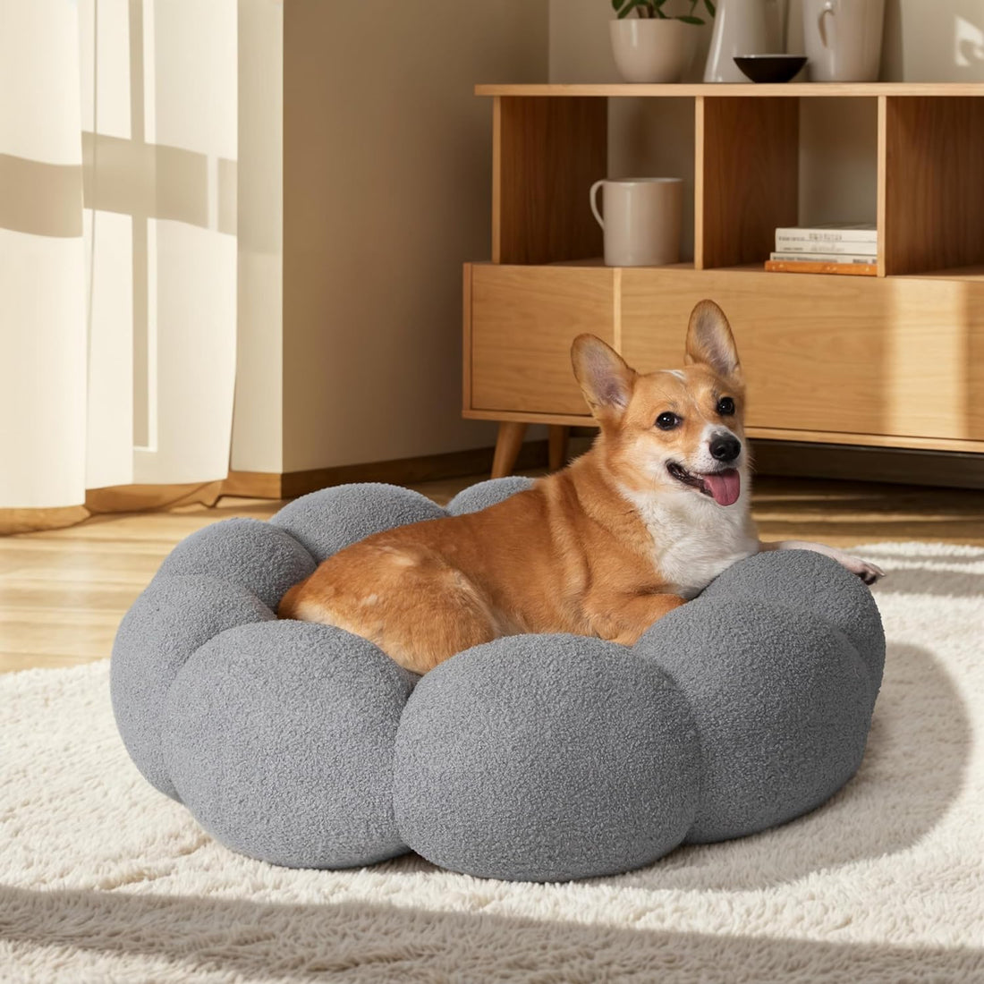Fluffy Flower Pet Bed Plush Round Donut Cuddler Washable