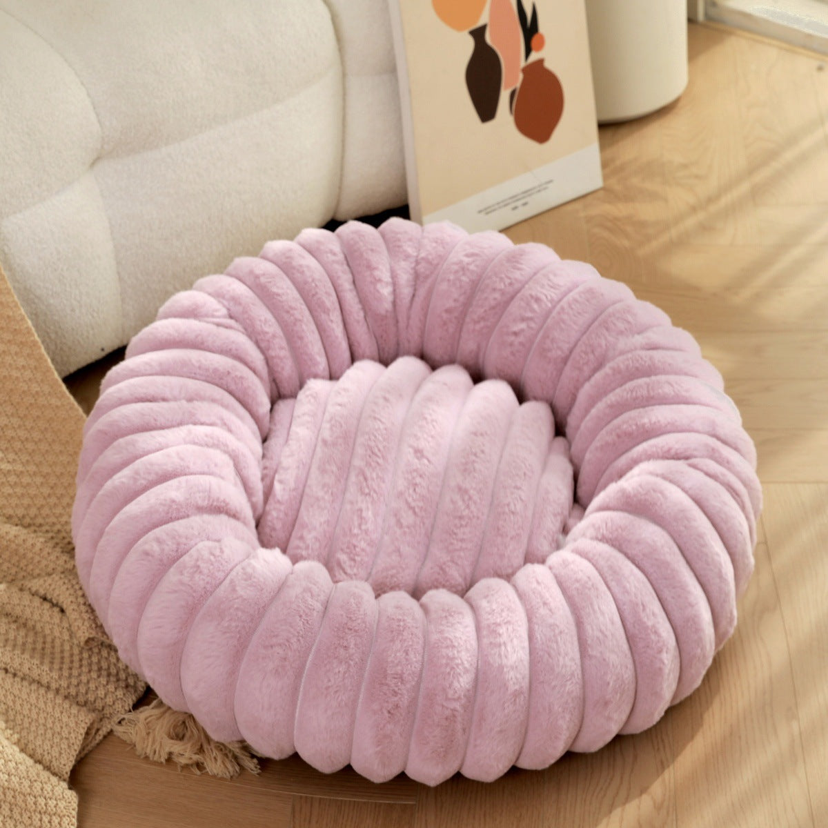 Round Plush Pet Bed Thick Warm Long Hair Cushion