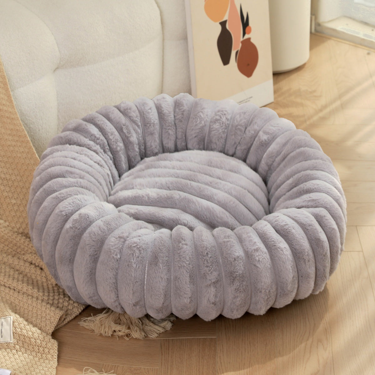 Round Plush Pet Bed Thick Warm Long Hair Cushion