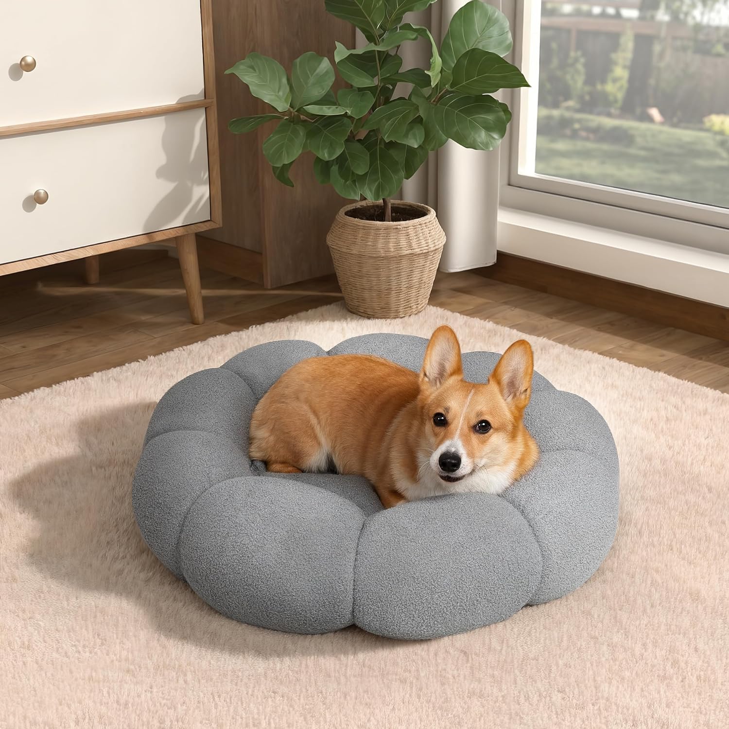 Fluffy Flower Pet Bed Plush Round Donut Cuddler Washable