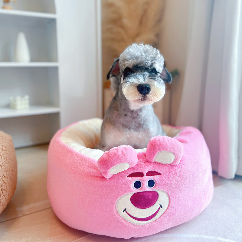 Cartoon Plush Pet Bed Round Warm Four Season Cushion