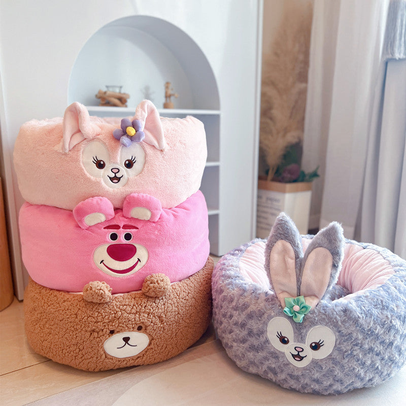 Cartoon Plush Pet Bed Round Warm Four Season Cushion