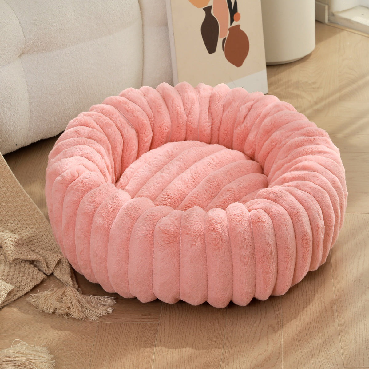 Round Plush Pet Bed Thick Warm Long Hair Cushion