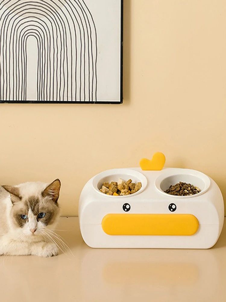 Duck Design Pet Double Bowl Food Water Feeder Tray