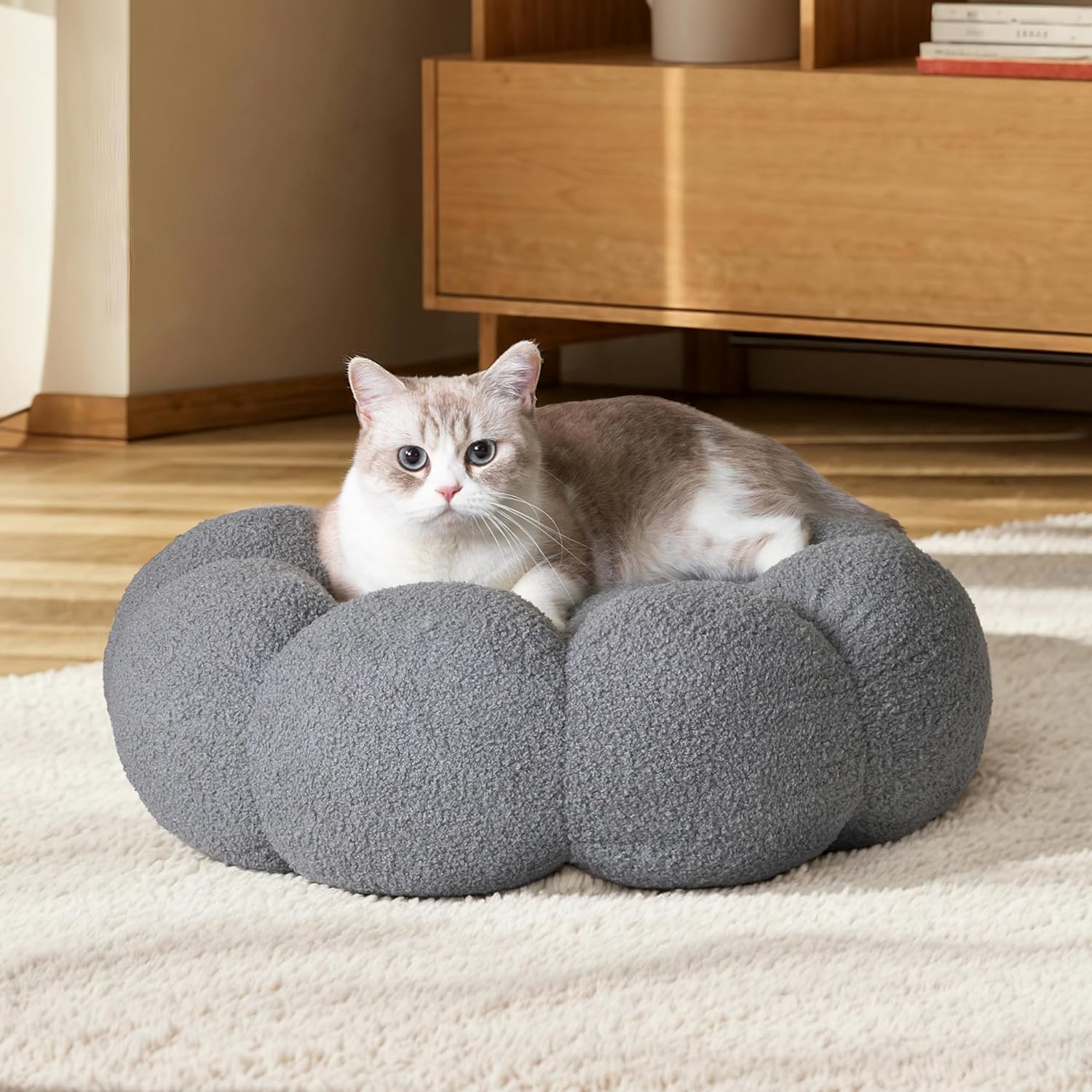 Fluffy Flower Pet Bed Plush Round Donut Cuddler Washable