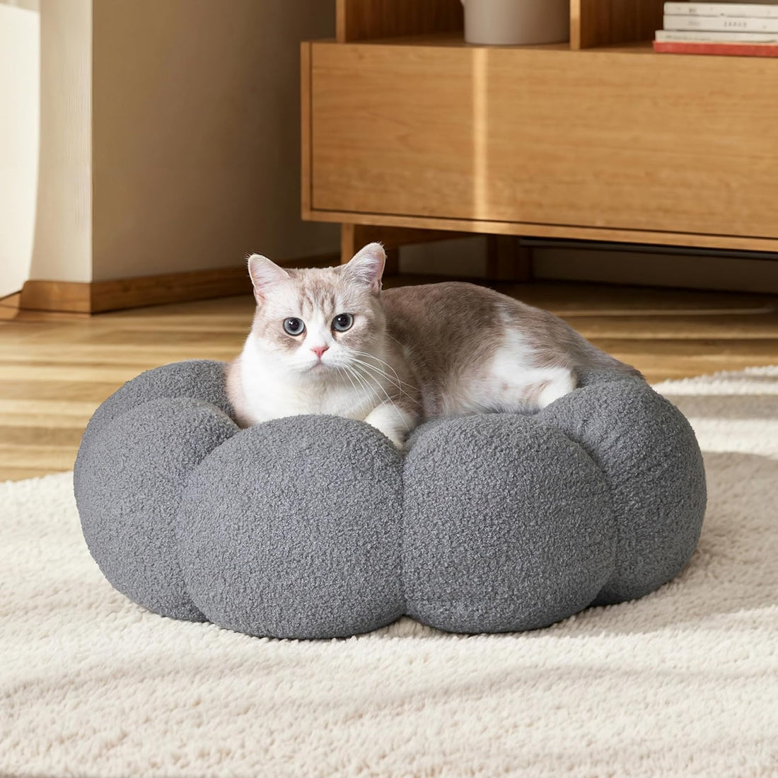 Fluffy Flower Pet Bed Plush Round Donut Cuddler Washable